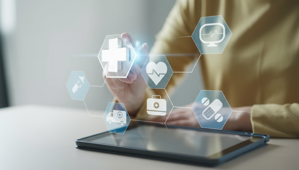 HIPAA compliance marketing 2026 concept showing healthcare website compliance interface with medical icons on tablet screen and secure digital healthcare system