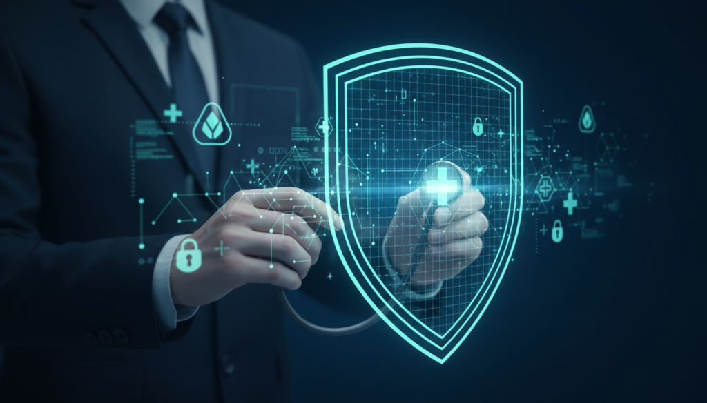 HIPAA compliance marketing 2026 concept showing secure healthcare website compliance shield protecting patient data and HIPAA marketing checklist implementation