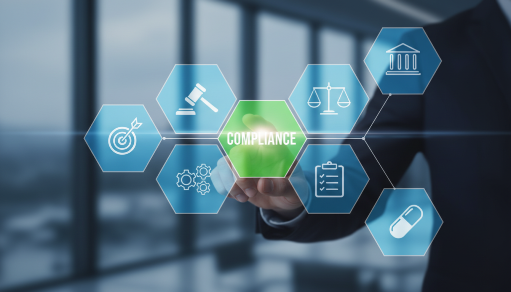 HIPAA compliance marketing 2026 concept showing compliance dashboard with legal, healthcare website compliance, and HIPAA marketing checklist icons