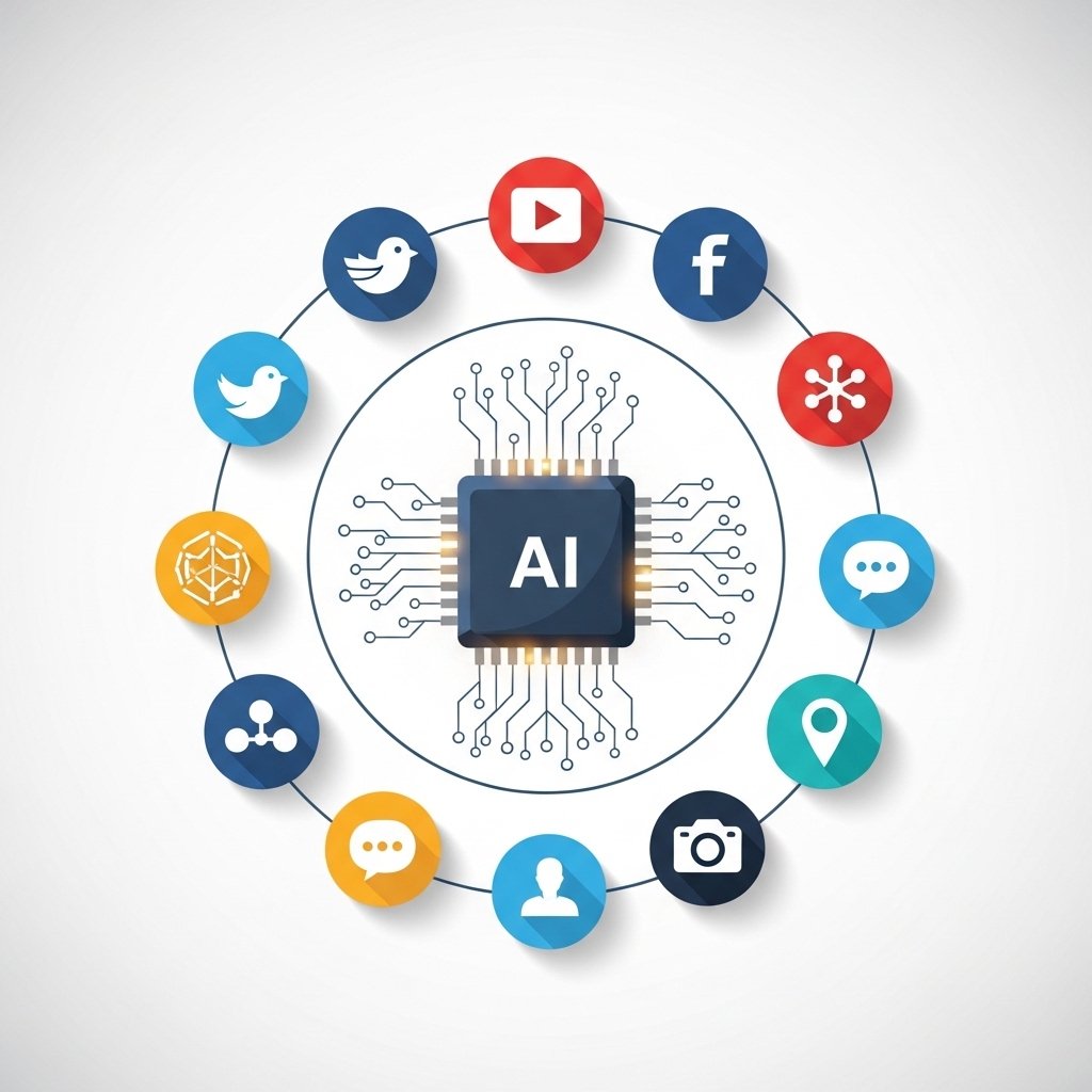 AI in digital marketing showing artificial intelligence chip connected to social media platforms for marketing automation and improved ROI