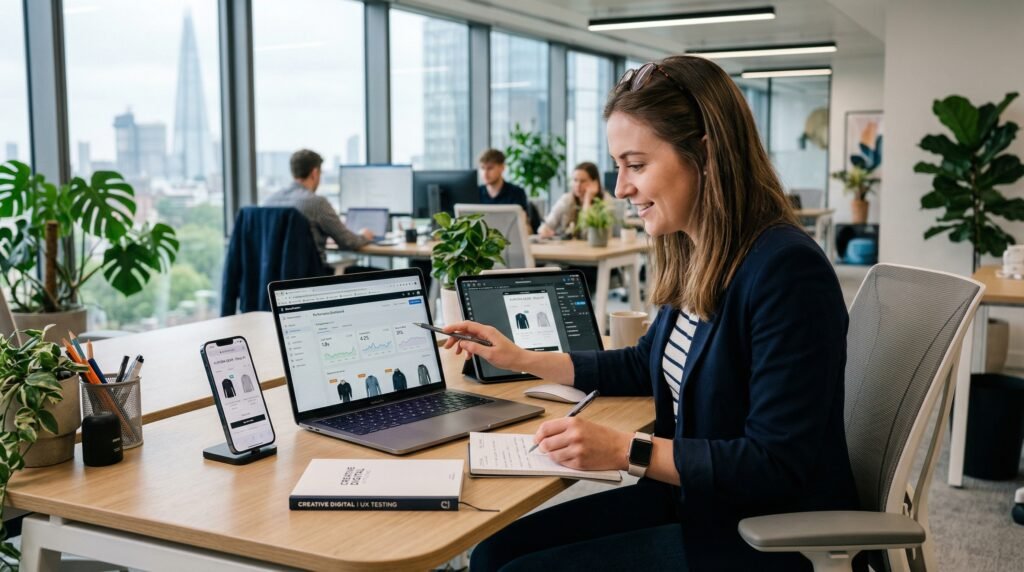A digital marketer analyzing e-commerce UX data on a laptop and smartphone in a modern office, illustrating search engine optimization tips for 2026 that focus on user experience and multi-device performance.