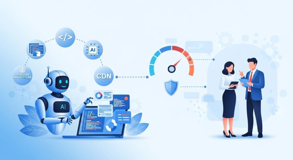 AI-powered digital marketing trends 2026 illustration showing automation, CDN, headless architecture, and performance optimization with business professionals