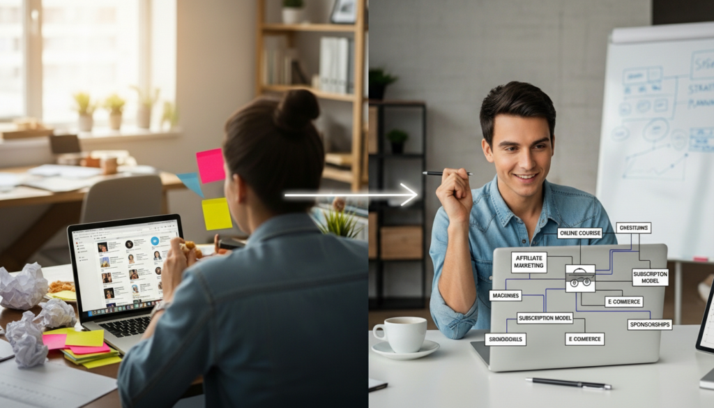 Social media marketing strategy concept showing content creator working online and digital marketing business models for social media trends in 2026.