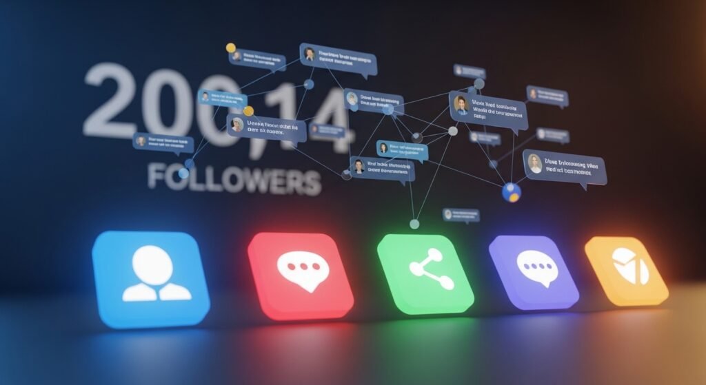 Social media marketing strategy concept showing 200K followers growth, audience engagement icons, and connected user interactions across social platforms
