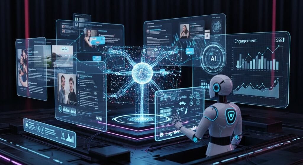 AI-powered social media marketing strategy dashboard showing analytics, engagement data, and automated digital marketing tools for social media trends in 2026.