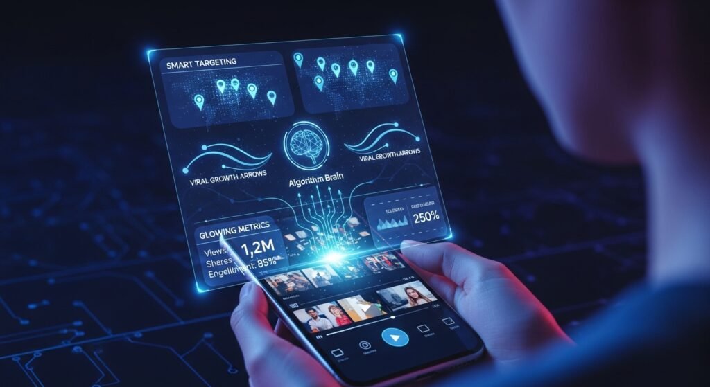 AI-powered social media marketing strategy dashboard showing viral growth metrics, smart audience targeting, and engagement analytics on a smartphone
