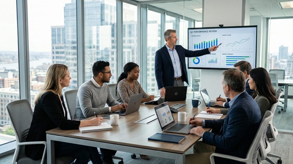 Marketing team analyzing campaign data and ROI dashboard using AI in digital marketing strategies