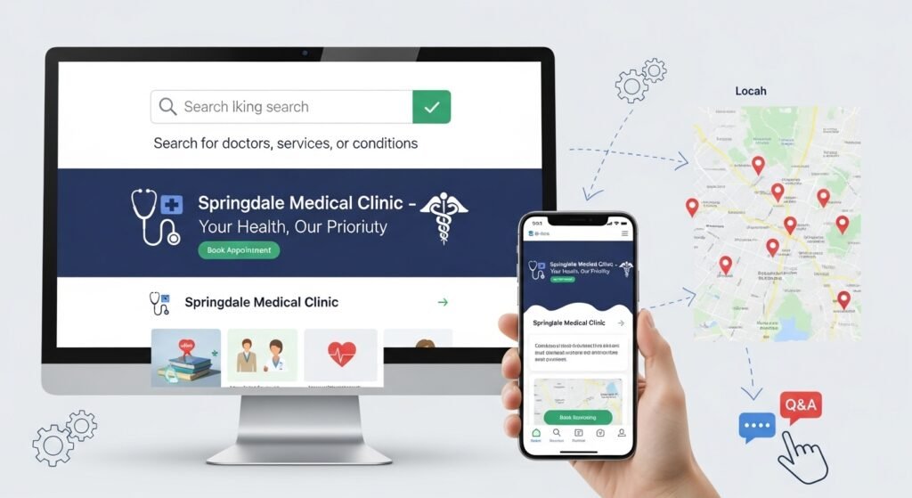 Online clinic search and appointment booking interface on desktop and mobile showing local clinic listings and maps, representing healthcare digital marketing strategies for clinics.