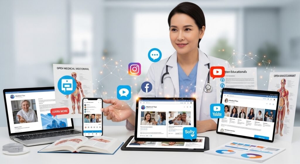 Doctor using social media, SEO, and online platforms to implement healthcare digital marketing strategies for clinics and patient engagement
