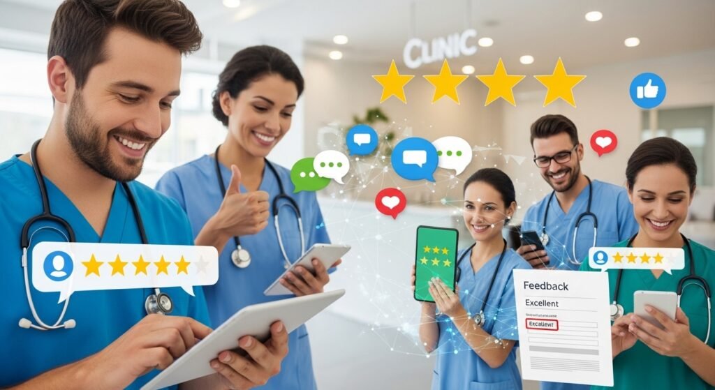 Healthcare professionals using tablets and smartphones with online reviews and ratings illustrating healthcare digital marketing strategies for clinics.