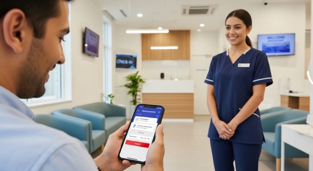 Doctors and healthcare staff analyzing digital marketing dashboard with SEO analytics, social media metrics, and patient engagement data representing healthcare digital marketing strategies for clinics.