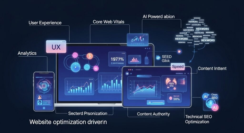 An SEO strategy overview featuring a laptop and digital icons representing 2026 search engine optimization tips such as AI-driven content, entity-based SEO, and technical performance metrics.