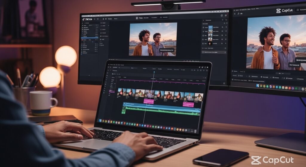 Video editor using CapCut software on laptop to create engaging TikTok Reels with advanced video editing timeline and effects.
