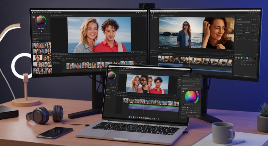 Video creator editing TikTok Reels on a laptop with dual monitors showing color grading tools, video clips, and editing timeline.