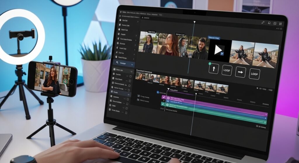 Creator editing short-form content for TikTok Reels on a laptop while recording video with a smartphone, ring light, and tripod for professional social media video editing.