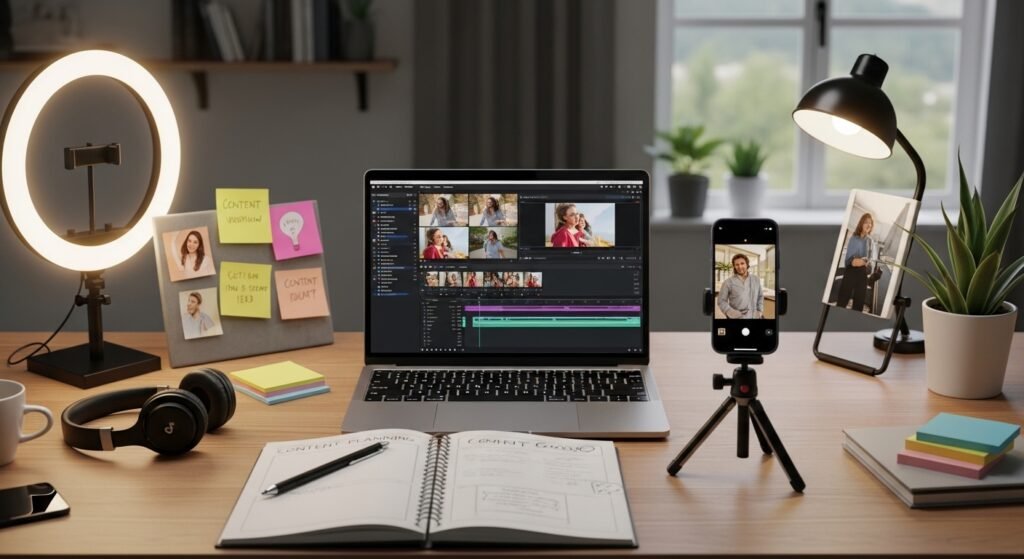 Content creator workspace with ring light, smartphone on tripod, and laptop editing short-form videos for TikTok Reels using professional video editing software.
