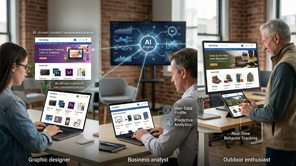 An image visualizing search engine optimization tips for 2026, showing an central AI 'engine' distributing personalized content to different user personas (a graphic designer, business analyst, and outdoor enthusiast) through an automated OmniShop interface.