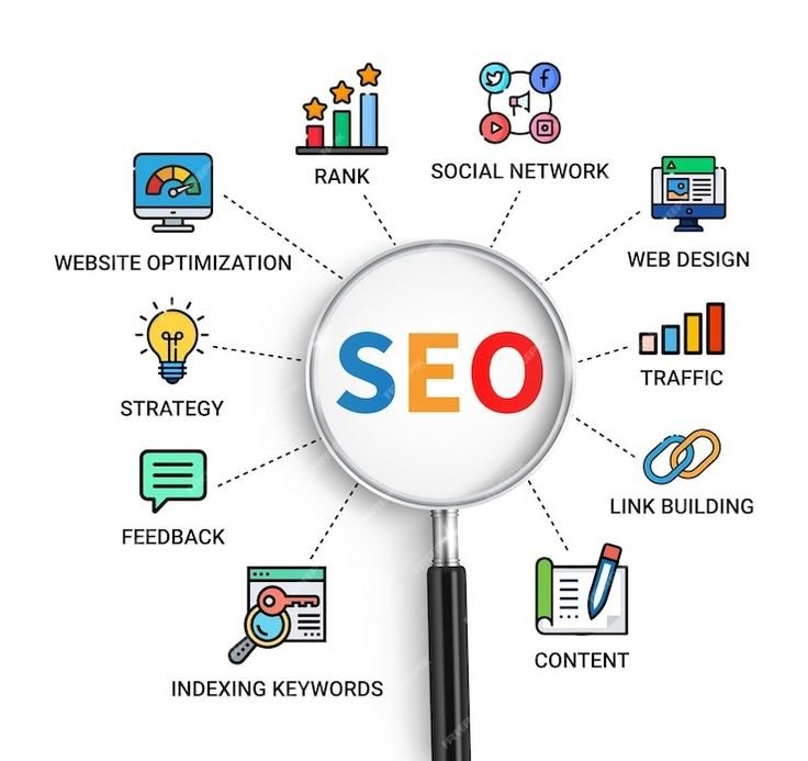 An SEO infographic showing a magnifying glass over the letters "SEO," surrounded by key 2026 search engine optimization tips including indexing keywords, web design, link building, and content strategy.