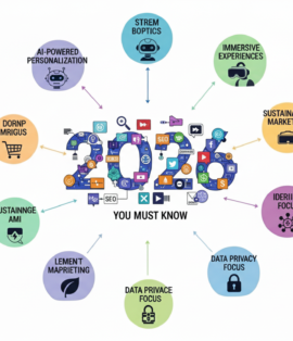Digital marketing trends 2026 infographic showing AI-powered personalization, immersive experiences, data privacy, and sustainable marketing strategies