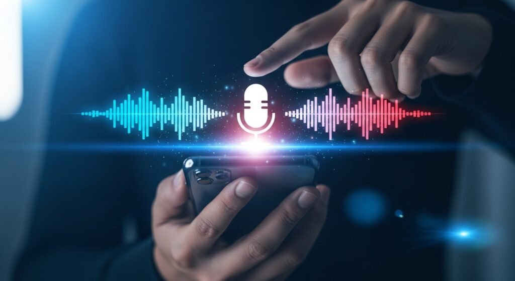 Voice search technology on smartphone with audio waveform illustrating digital marketing trends 2026 and AI-driven user interaction
