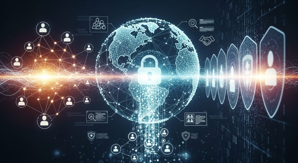 Global data privacy and cybersecurity network with digital lock illustrating digital marketing trends 2026 and customer data protection strategies