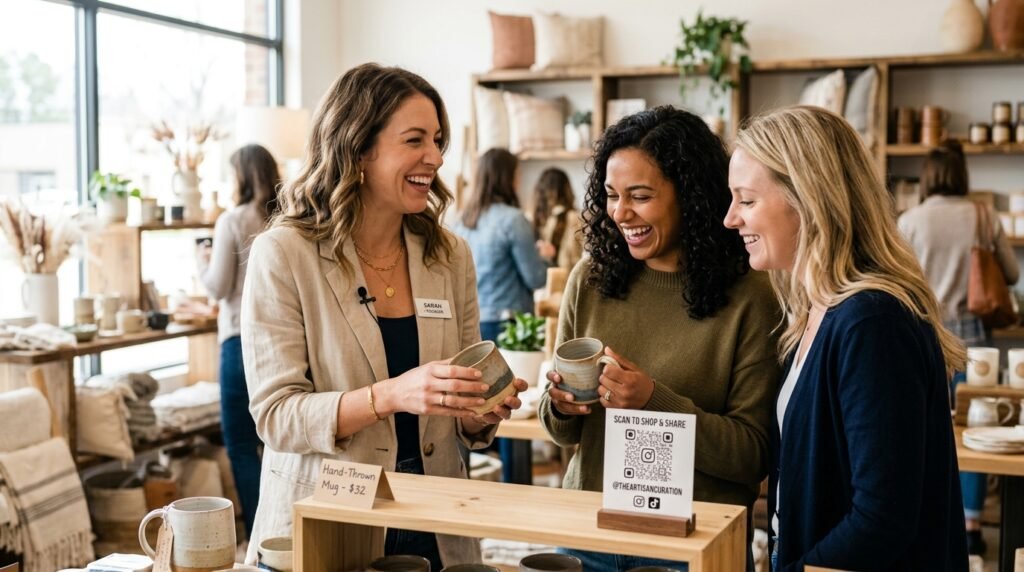 Women engaging in social commerce at a retail store using QR code shopping experience – digital marketing trends 2026